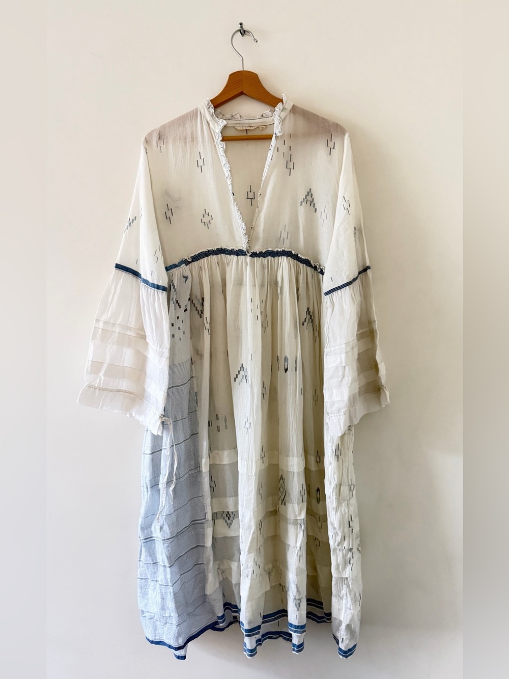 Injiri Handwoven Artisanal Lightweight White & Navy Boho Midi Dress Slow Fashion